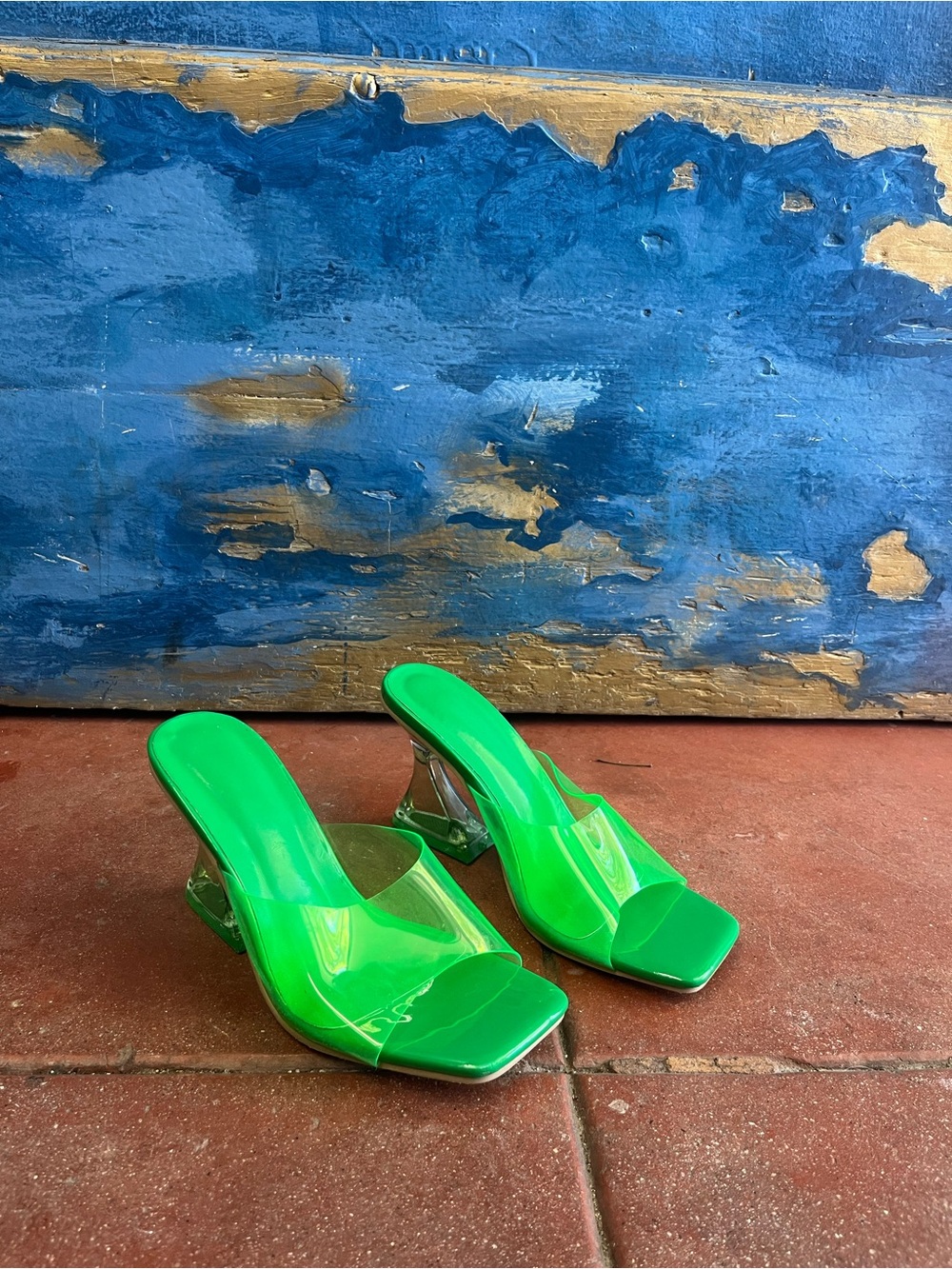 Green Clear-Strap Mule Heels for Women
